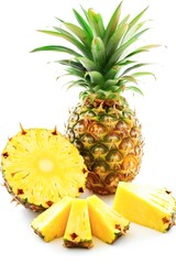 Fresh Pineapple and Slices Against a White Backdrop