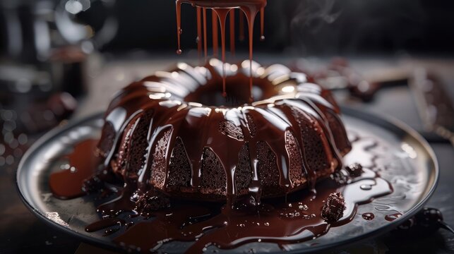A captivating image of a decadent chocolate cake being glazed, showcasing the indulgence and precision of baking on World Baking Day.