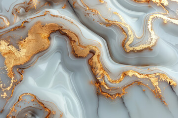 A pattern of swirling gold and silver agate, with each piece glowing in soft light. The background is a white marble texture. Created with Ai