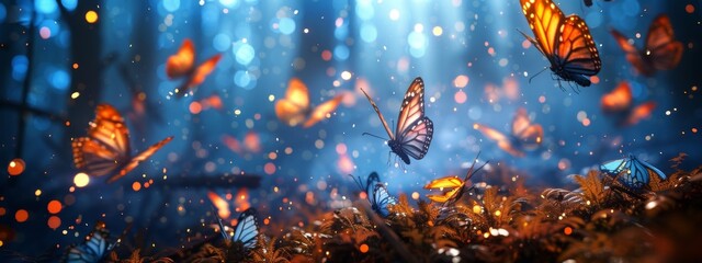 3D render of magical glowing butterflies in the air