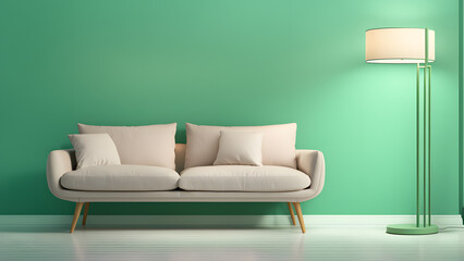 A white couch sits in front of a green wall