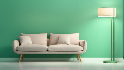 Fototapeta premium A white couch sits in front of a green wall