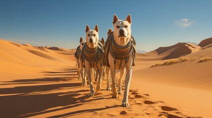 Dogs lead hiking trips in the sand sea Surrealistic action photo Clean and Clear Color