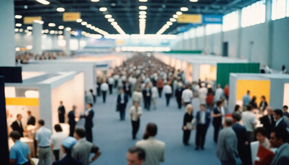 Business conference, trade fair, expo hall, crowd activity and attendees, blurred background, copy space