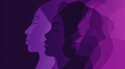 International women's day poster with silhouettes of multicultural women's faces in purple style