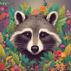 raccoon and flowers
