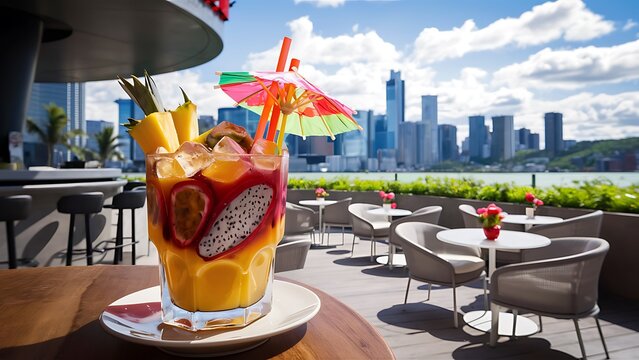 Passion fresh fruit juice with ice on outdoor table in cafe and bar pineapple and red dragon fruit urban lake on background