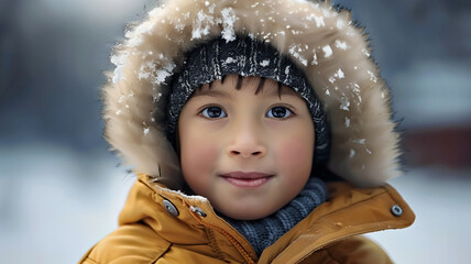 Cute Caucasian child smiling playing in winter snow outdoors, AI Generative.