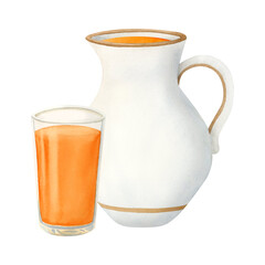 Fresh orange juice in glass and white ceramic jug in simple style watercolor illustration isolated on white. Hand drawn elegant pitcher for kitchen designs, cafe lunch menus and summer designs