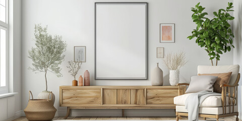 empty picture frame hanging on the wall in front of a modern wooden sideboard. black white frame mockup with plant on white wall with wooden sideboard
