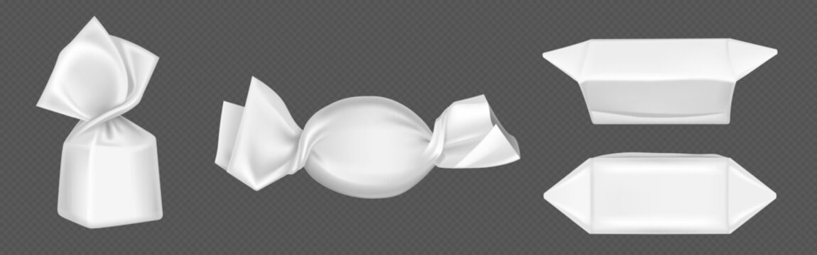 Chocolate candy wrapper mockup. 3d blank white package. Sweet pack and wrap for snack isolated template in vector. Realistic empty plastic food product pouch for merchandise. Caramel packaging graphic