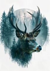 Gentle Teal Fog Deer Double Exposure Silhouette Morning Collage Style