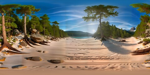 360 degree landscape equirectangular panorama, shore of a forest lake