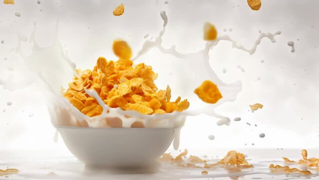Golden cornflakes fill a white bowl as splashes of milk dynamically burst around them, creating an appetizing and energetic image against a clean white background.
