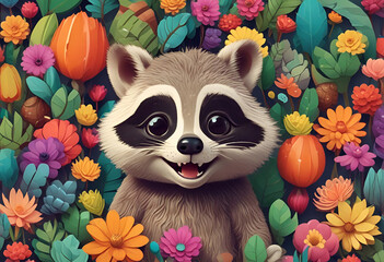 Raccoon and flowers