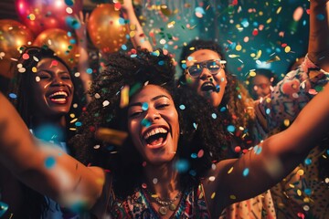 Four friends are sharing a joyful moment together, laughing and surrounded by a shower of colorful confetti 