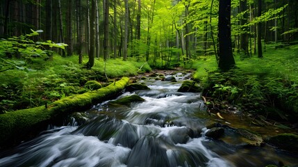 Obraz premium An illustration capturing the peaceful journey of a serene stream winding through a dense, lush forest, showcasing the tranquil beauty of untouched nature.