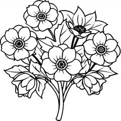 Anemone Flower  Bouquet outline illustration coloring book page design, Anemone Flower  Bouquet black and white line art drawing coloring book pages for children and adults