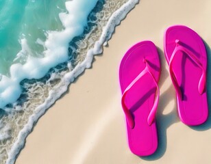 Obraz premium bright summer flip flops on the beach. white sand, blue wave.