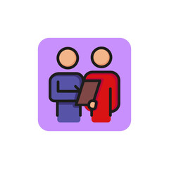 Icon of customer survey. Manager, paperwork, team. Cooperation concept. Can be used for topics like employee engagement, feedback, teamwork