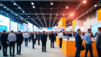 Business conference, trade fair, expo hall, crowd activity and attendees, blurred background, copy space