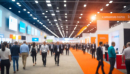 Business conference, trade fair, expo hall, crowd activity and attendees, blurred background, copy space