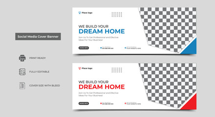 Construction social media cover banner design template. Home improvement web banner template. Dream home for sale social media cover banner template.