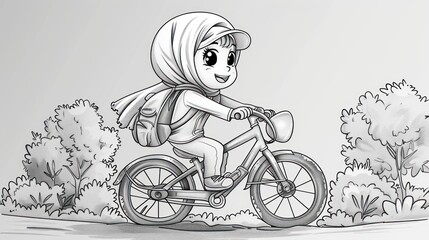 a little girl riding bicycle coloring page