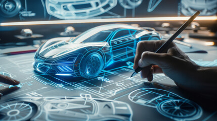 Hand drawing an advanced concept car design on a high-tech digital tablet display.