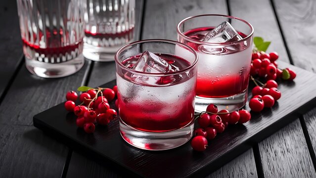 Cold vodka with red berry juice in two glasses with fresh berries around on the b lack wooden background selective focus