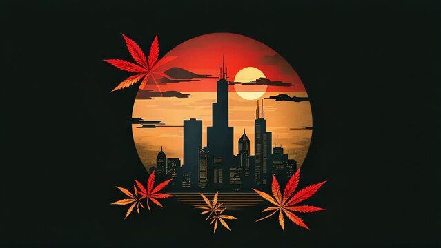 Pushing towards illustration of the Chicago skyline with a marijuana leaves at sunset in a circular design. Logo or background for Chicago based cannabis products company.