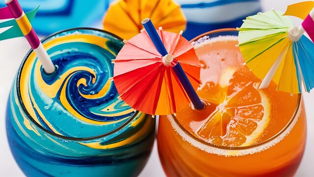 Close up image of blue and orange cocktails in glasses with straws