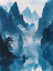An ethereal blue-toned mountain landscape with a solitary figure rowing a boat on calm waters