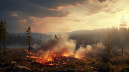 A fire engulfs the forest and dry grass, leaving a black layer of burning and ash on the ground