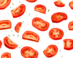 Fototapeta premium Sliced ripe tomatoes and parsley leaves in a random pattern, floating against a pure transparent background. Generative AI