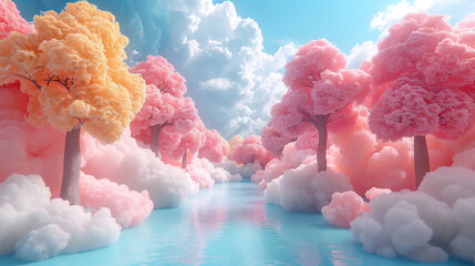 3d render of cartoon environment, minimalist forest, tv show for kids, pastel color.