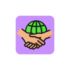 Line icon handshake against globe. International partners, global business, contract between international companies. Deal concept. Can be used for topics like business, communication, internet