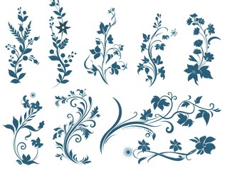 set of floral elements, sketch, color