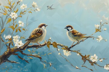 Two Birds on Tree Branch with White Flowers Vertical Oil Painting - Blue Background Sparrows Art Print
