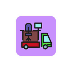 Icon of office moving. Truck, riding, furniture. Relocation concept. Can be used for topics like car service, logistics, transportation