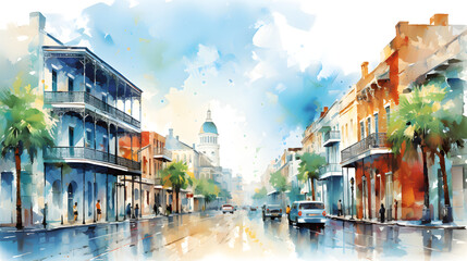 Digital watercolor street scenery abstract graphic poster web page PPT background