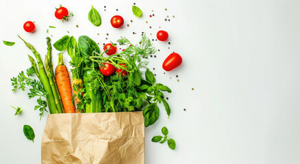 A paper bag full of vegetables and fruits flying in the air on white background, flat lay, wide angle lens