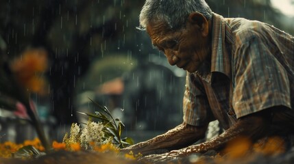 By a graveside, the old man lays flowers, tears mingling with rain, mourning lost battles within.
