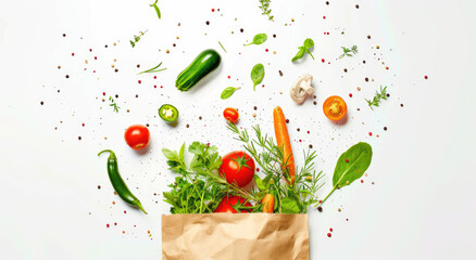 A paper bag full of vegetables and fruits flying in the air on white background, flat lay, wide angle lens