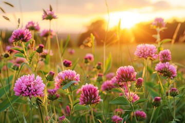 Sunset Glow: Blooming Wildflowers in a Rural Springtime Haven