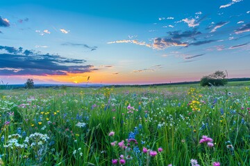 Wildflower Postcard: Tranquil Meadow Glowing in Evening Light - Blue Sky