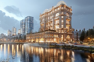 Reflections of Neoclassical Skyscraper: Glass Facade over Calm Lake