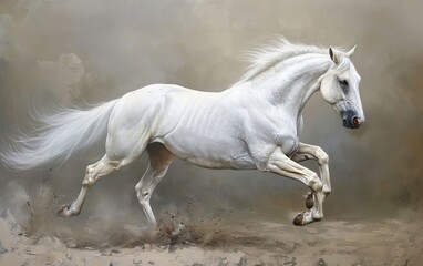 Obraz na płótnie Canvas A magnificent white horse captured in a dynamic galloping pose against a textured neutral background