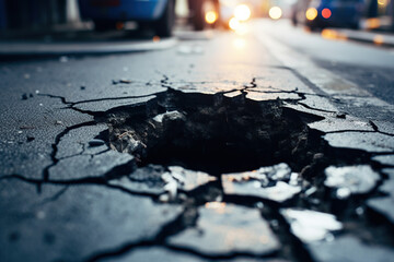 cracked street with a close-up of the hole