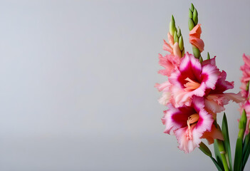 Obraz premium a pink gladiolus flower on a light gray background, with empty space for text 